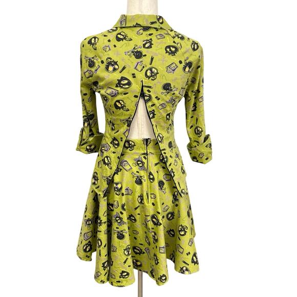 Pinup Couture Lime Green Spooky Skeleton Print 2 Piece Set Top & Skirt Sz S - Picture 4 of 13